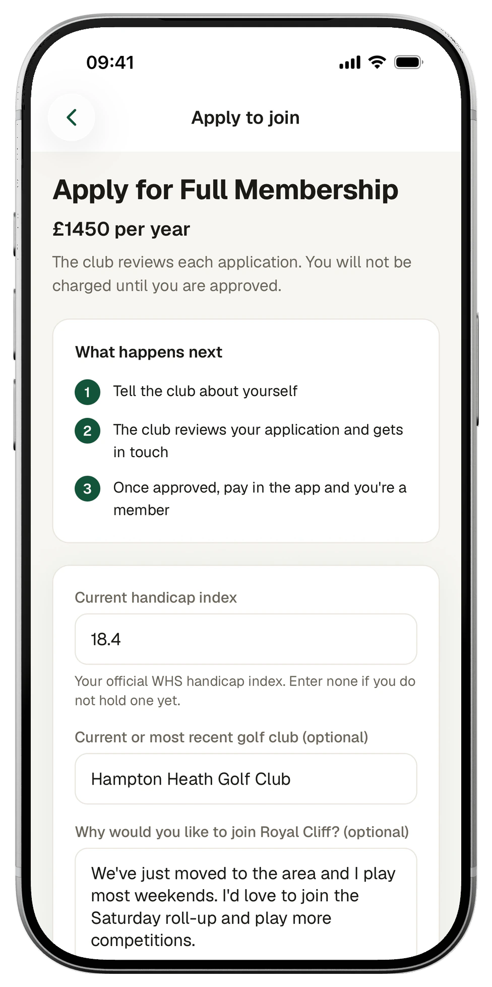 Club app form to apply for Full Membership at £1,450 a year: the club reviews each application and nothing is charged until it is approved; what happens next, then the handicap and home club fields