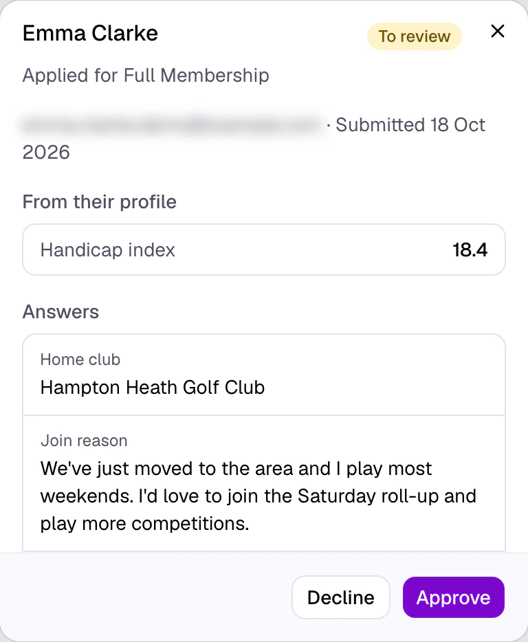 Dashboard application from Emma Clarke for Full Membership, to review: handicap index 18.4, home club Hampton Heath Golf Club, why she wants to join, with Decline and Approve