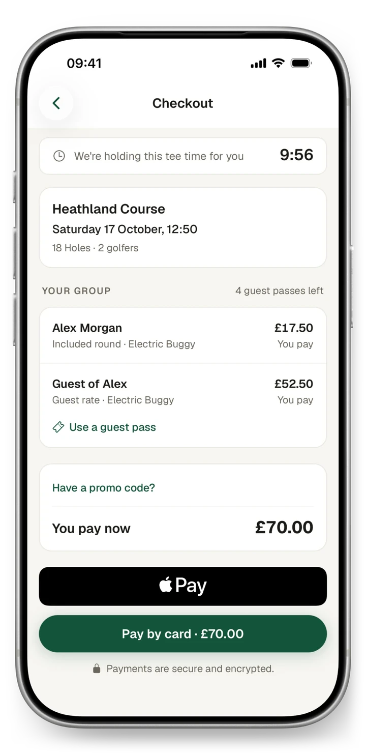 Club app checkout for a Saturday round for two, with Apple Pay and card buttons