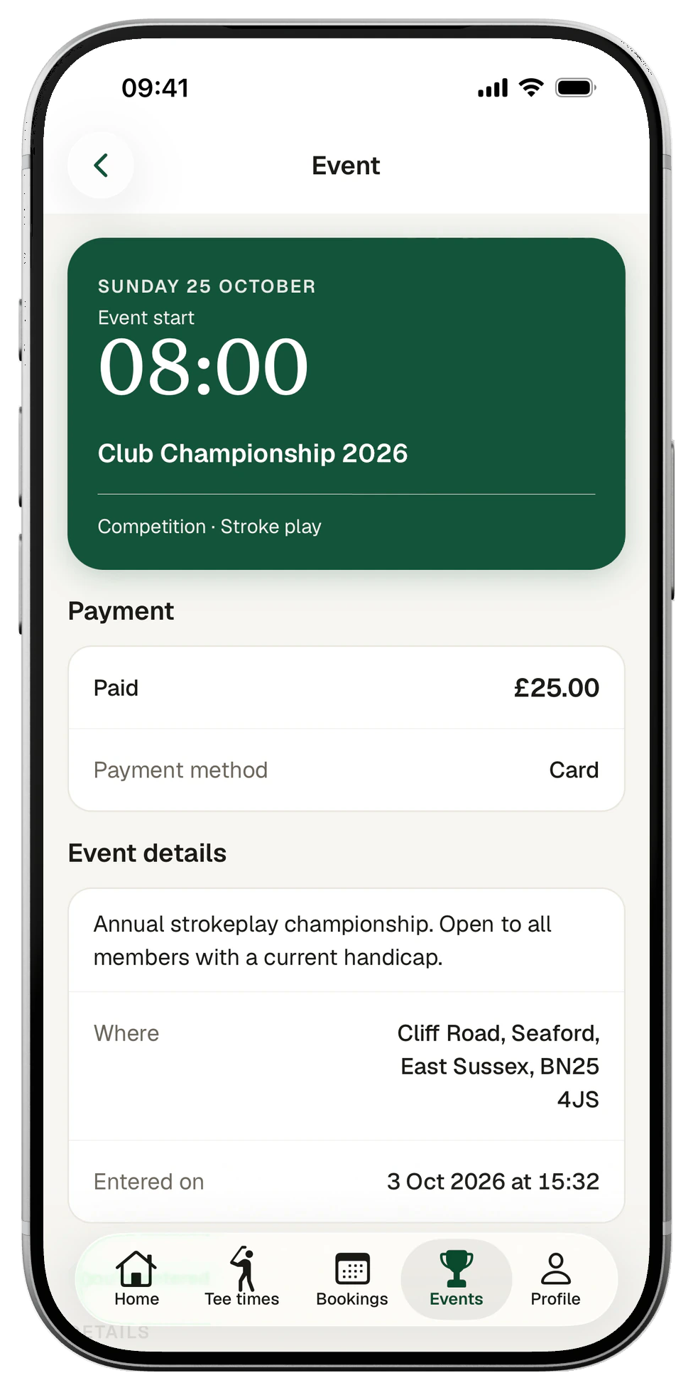 Club app competition entry: Club Championship 2026, £25.00 paid by card