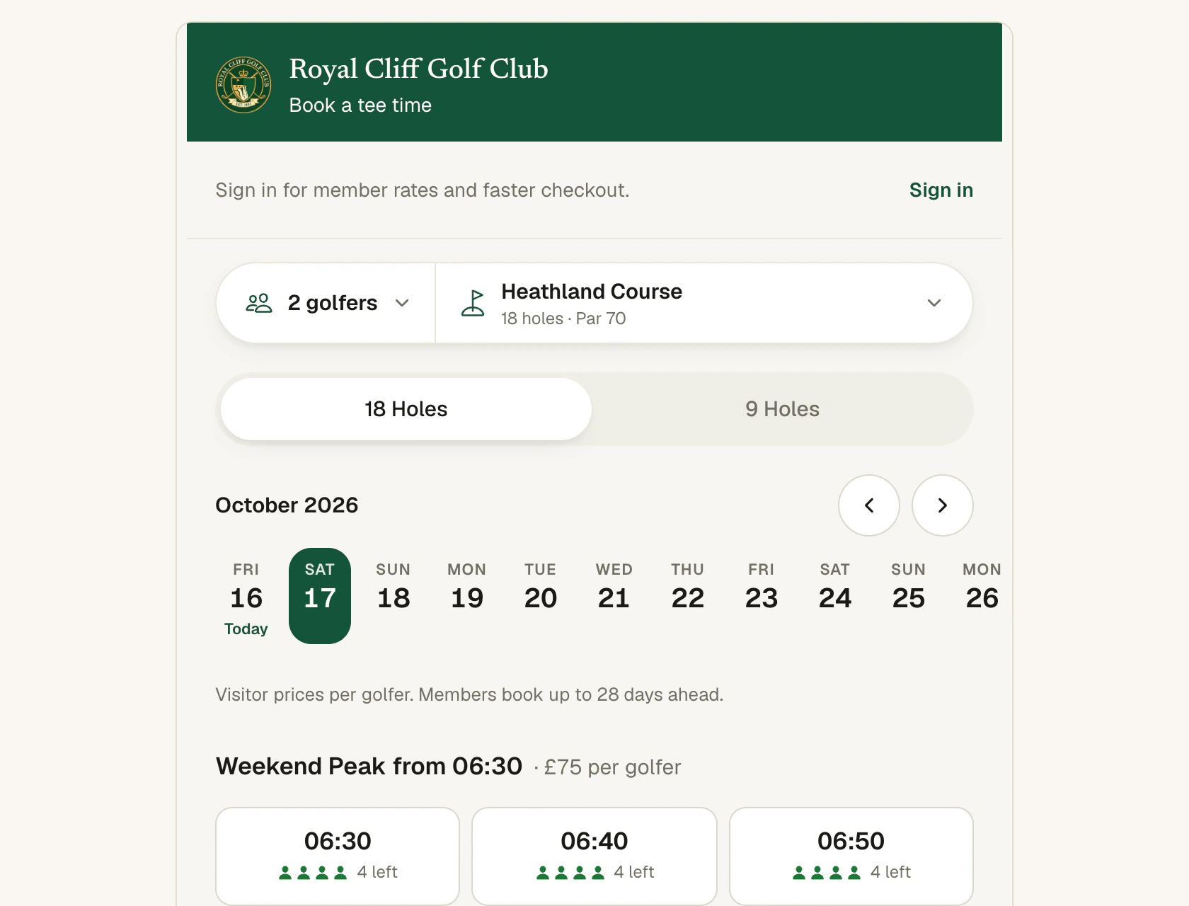 The club's booking page under its green header: the date strip and Weekend Peak times at £75