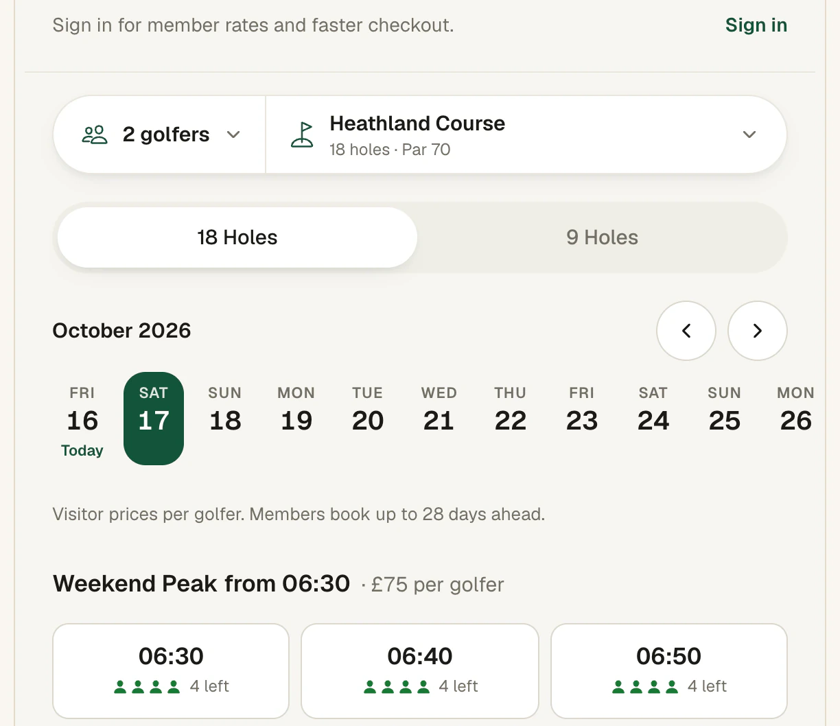 Club booking page: visitor prices per golfer, members book up to 28 days ahead, and Weekend Peak times at £75