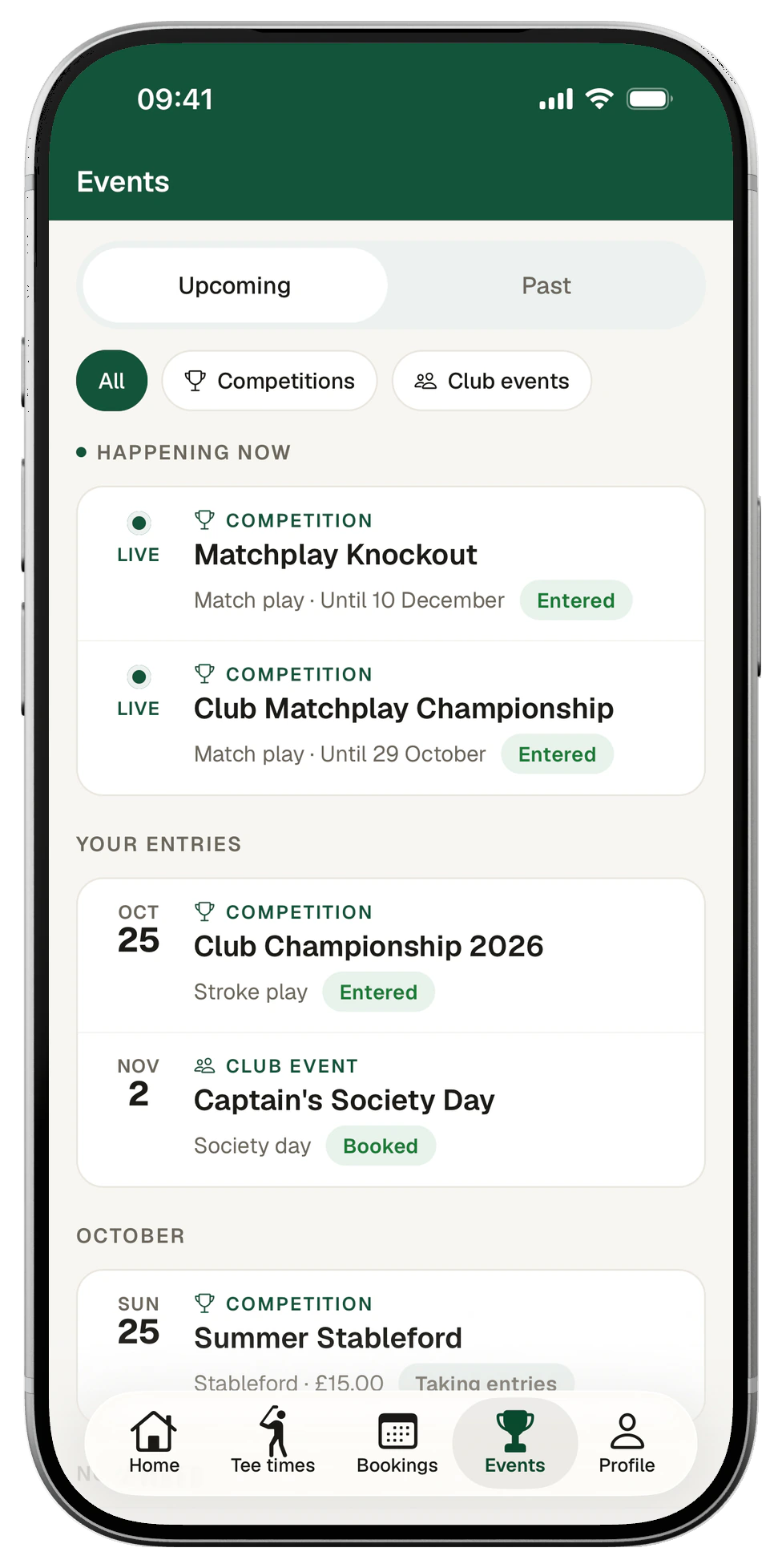 Club app events list: two matchplay competitions live, the member's entries for the Club Championship and a society day, and the Summer Stableford taking entries