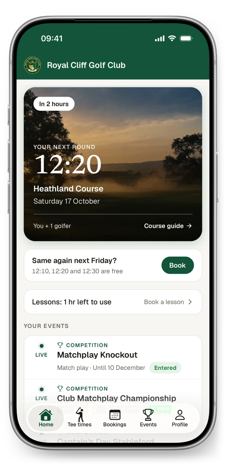 Club app home screen: the member's next round, today's playing conditions and upcoming events
