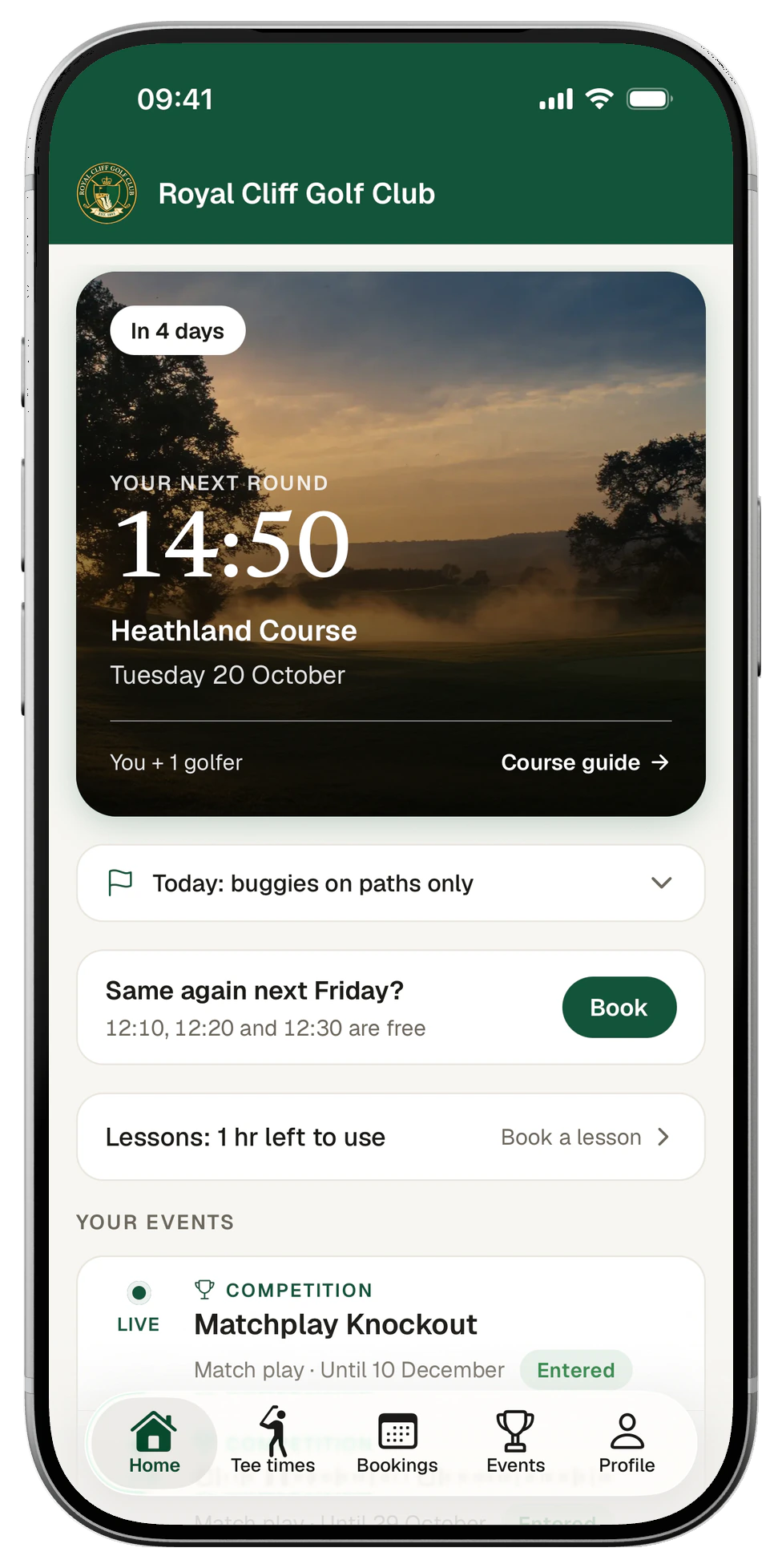 Club app home screen: the member's next round, today's playing conditions and upcoming events