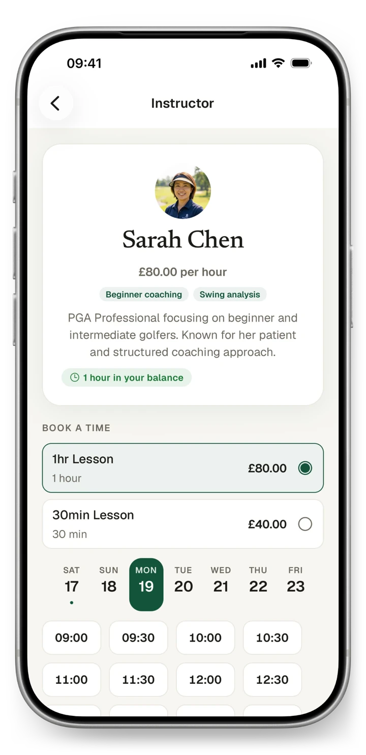 Club app instructor screen: Sarah Chen, PGA Professional, 1hr lesson £80.00 or 30 minutes £40.00, 1 hour in the balance, Monday 19 October times from 09:00