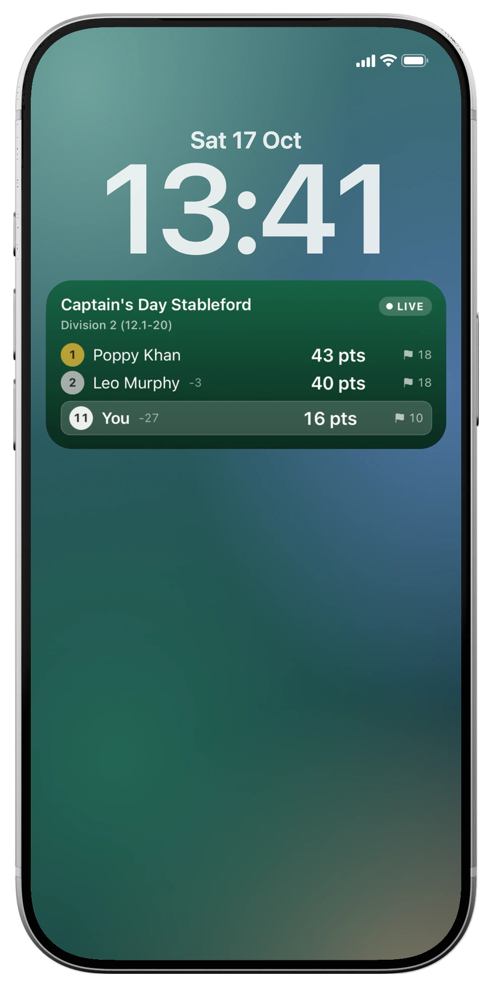 iPhone lock screen at 13:41 on Saturday 17 October with a Captain's Day Stableford Live Activity under the clock: Division 2, Poppy Khan first on 43 points, Leo Murphy second on 40, you 11th on 16 points through 10