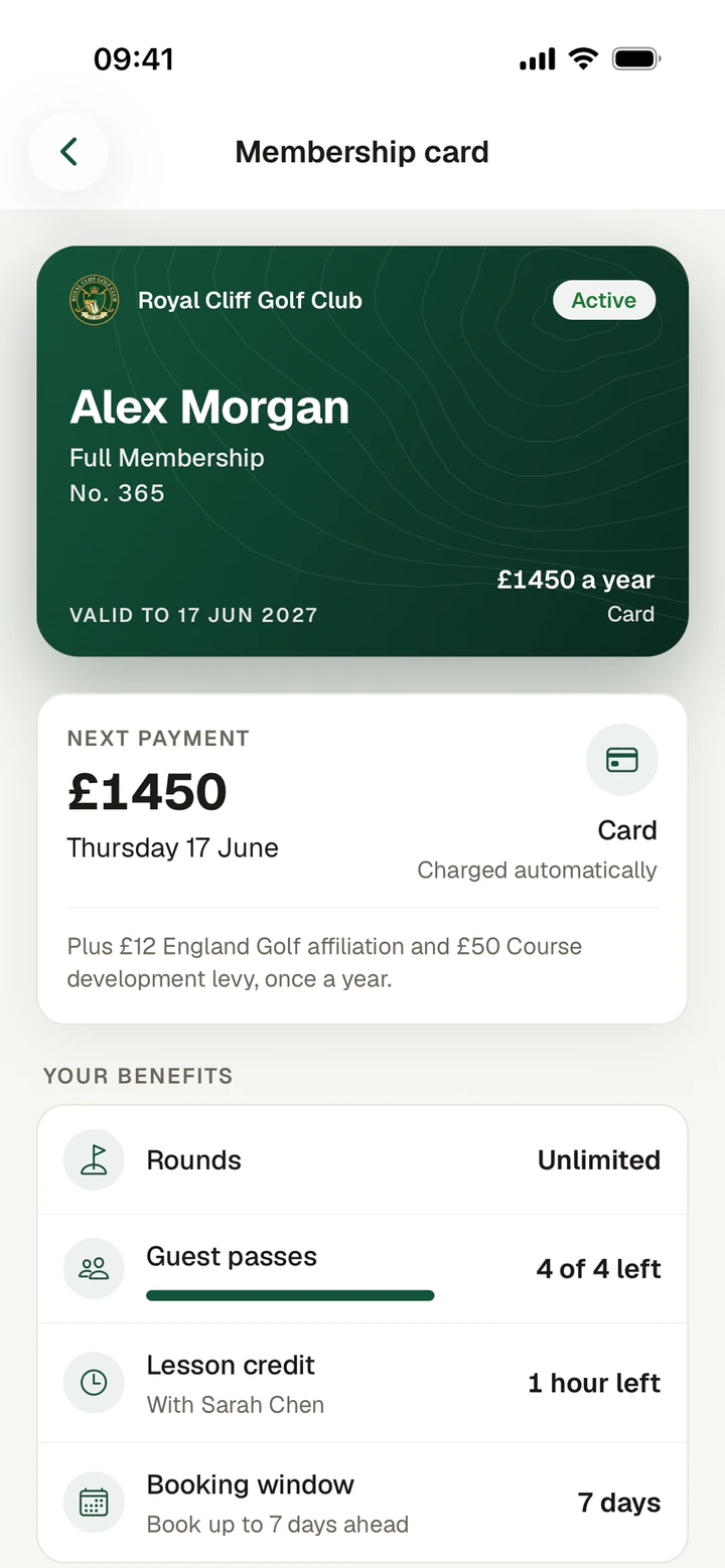Club app membership card for Alex Morgan: Full Membership, number 365, valid to 17 June 2027, £1,450 a year by card