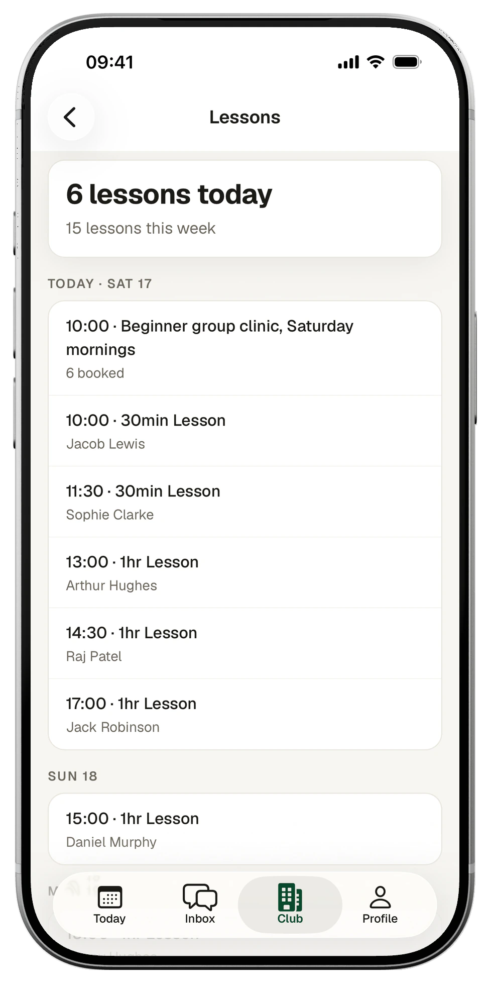 Staff app Lessons screen for instructor Sarah Chen: 6 lessons today, 15 this week. Saturday 17 runs from a 10:00 beginner group clinic with 6 booked to Jack Robinson's 1hr lesson at 17:00, with each golfer's name and lesson length, then Sunday 18