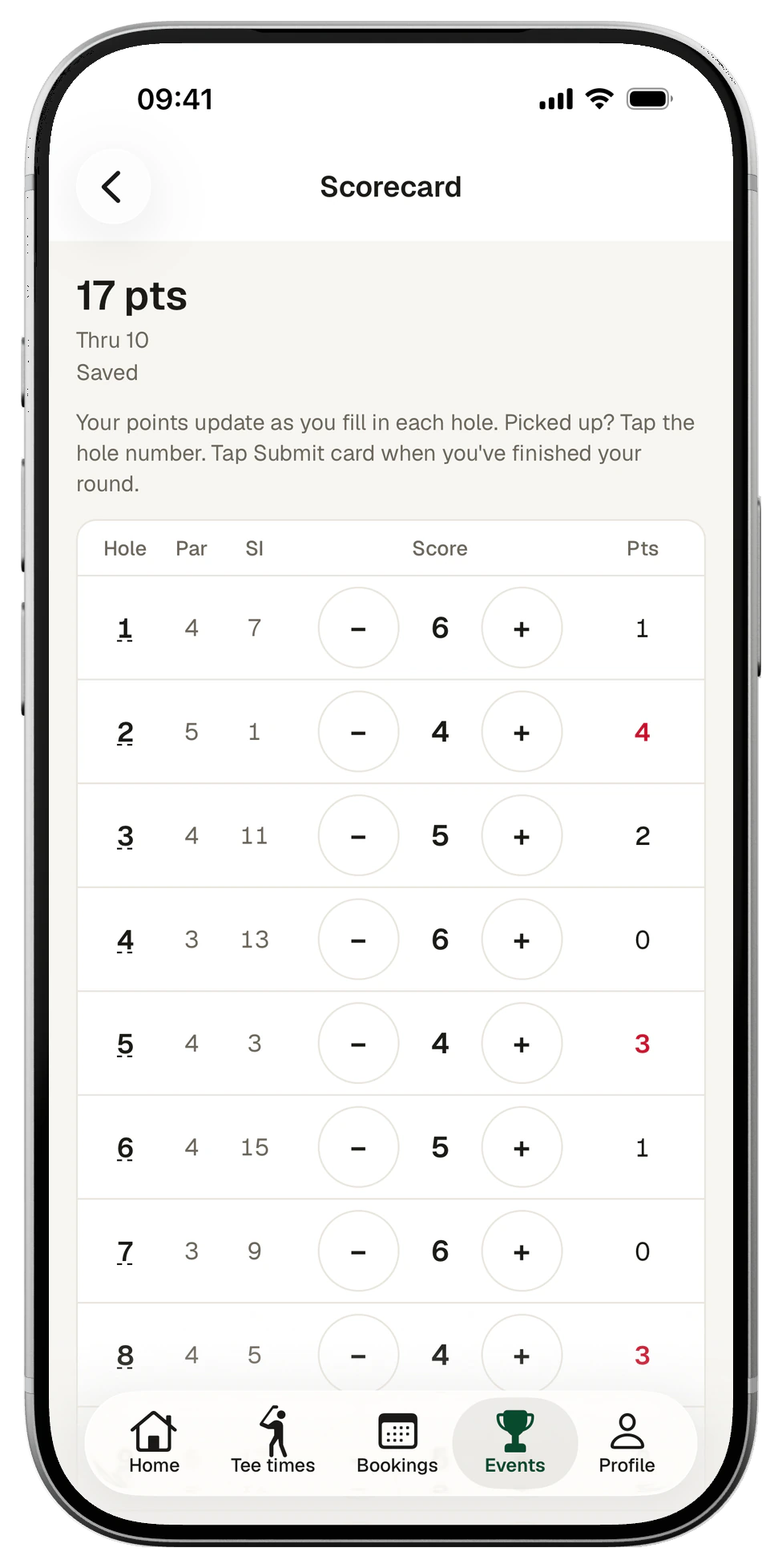 Club app scorecard: 17 points through 10, with plus and minus score buttons per hole