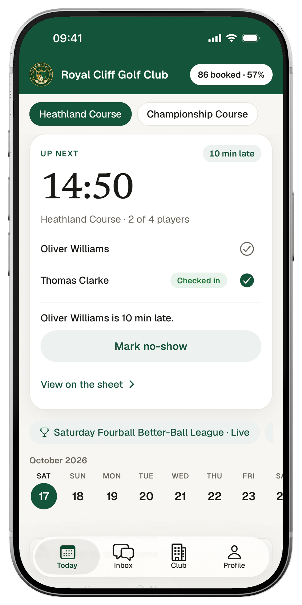 Staff app Today screen: up next at 14:50 on the Heathland Course, one golfer checked in and one 10 minutes late, with a button to mark a no-show