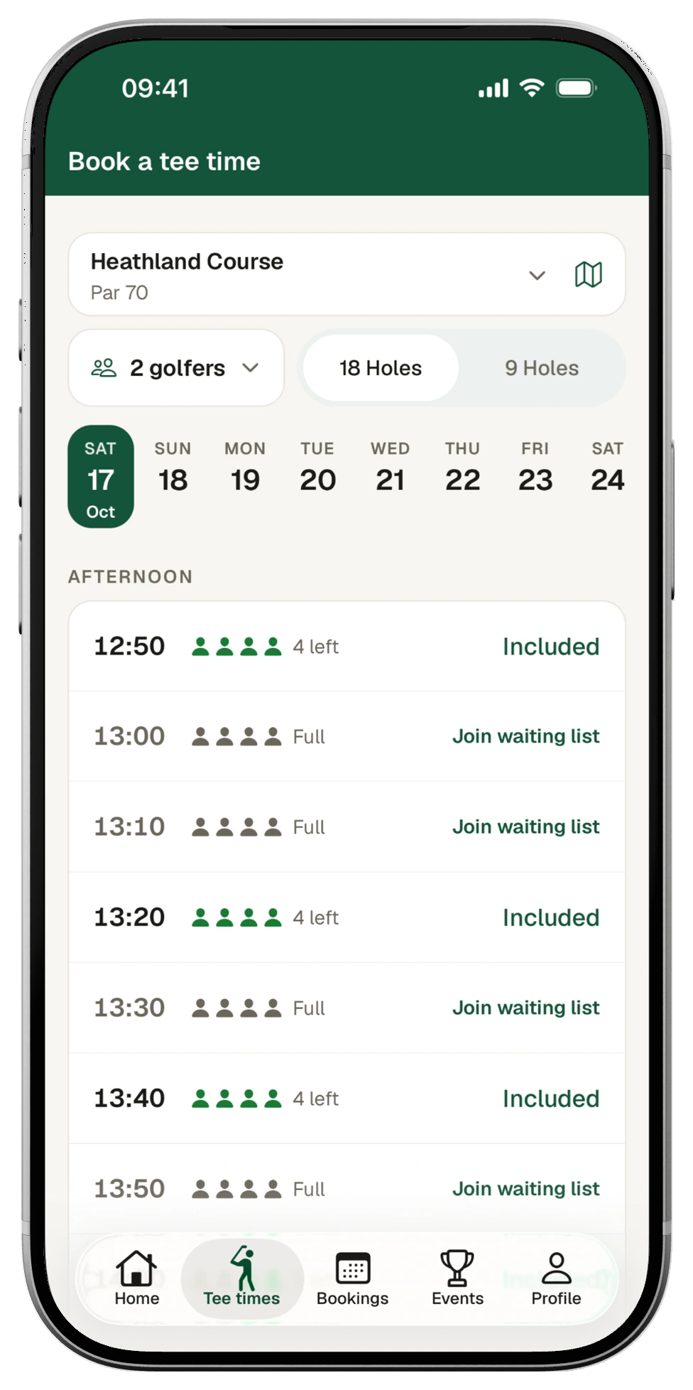 The club app’s tee times for Heathland Course on Saturday 17 October: afternoon times marked Included, and full times with Join waiting list