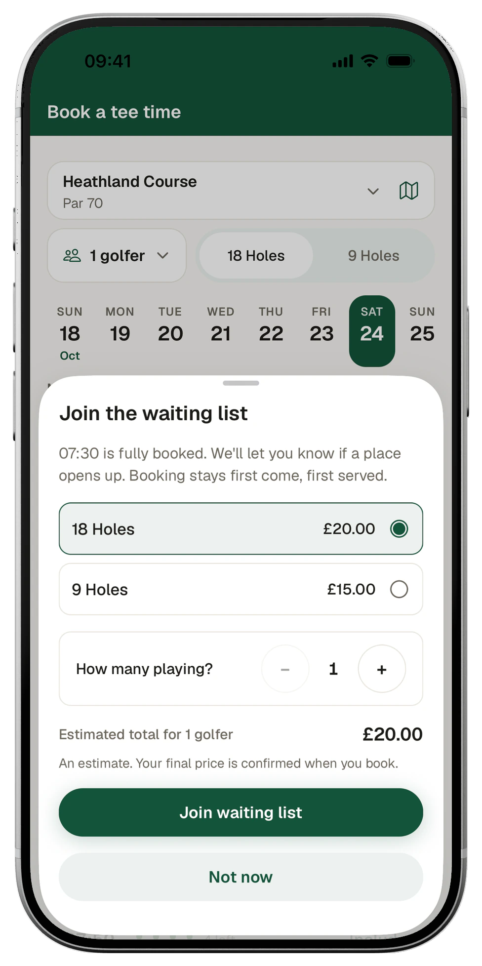 Club app sheet to join the waiting list: 07:30 on Saturday 24 October on the Heathland Course is fully booked, 18 holes at £20.00 for one golfer