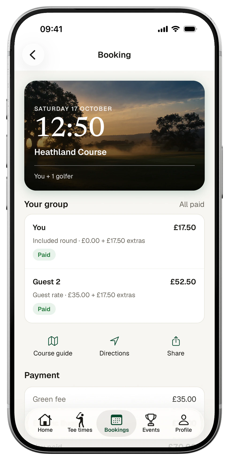 Club app booking for Saturday 17 October, 12:50 on the Heathland Course: Alex and his guest, both paid
