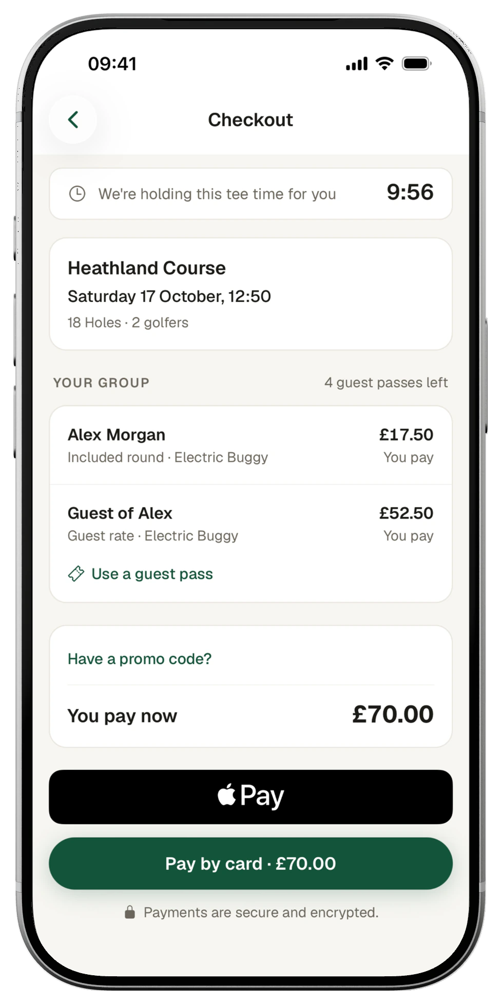Club app checkout for Saturday 17 October, 12:50 on the Heathland Course: Alex Morgan and a guest with buggies, £70.00, Apple Pay