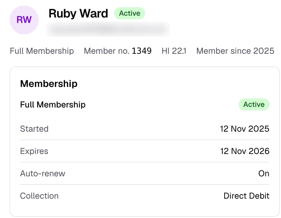 Dashboard member record for Ruby Ward: Full Membership, auto-renew on, collected by Direct Debit