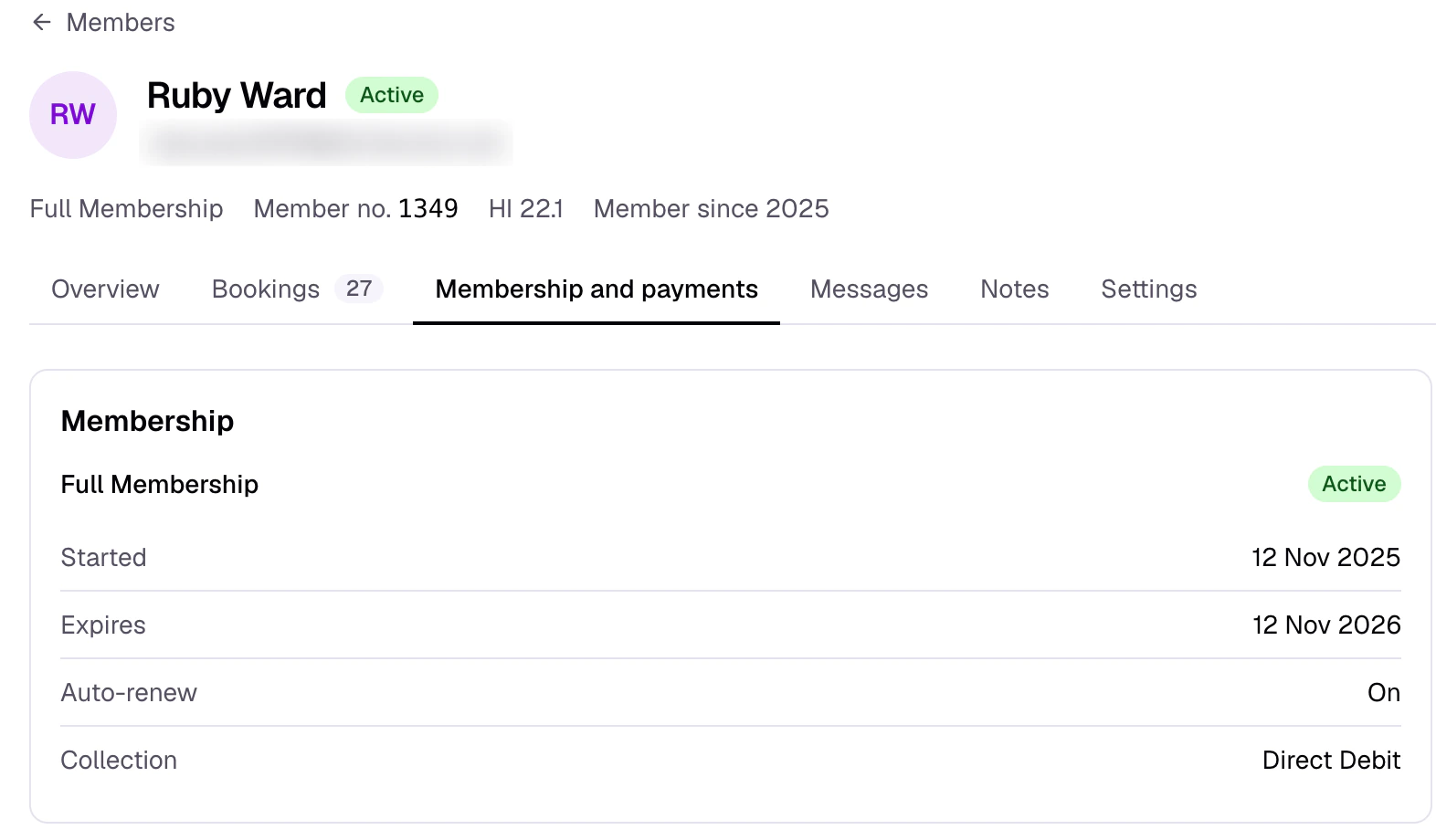 Dashboard member record for Ruby Ward: Full Membership, active, expires 12 Nov 2026, auto-renew on, collected by Direct Debit