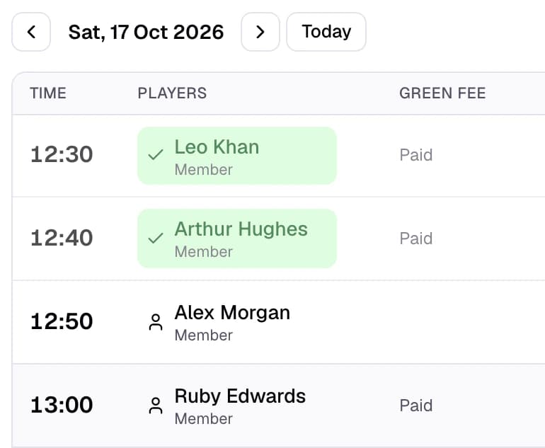 Dashboard tee sheet for Saturday 17 October: times, the first player and the green fee, with Alex Morgan at 12:50