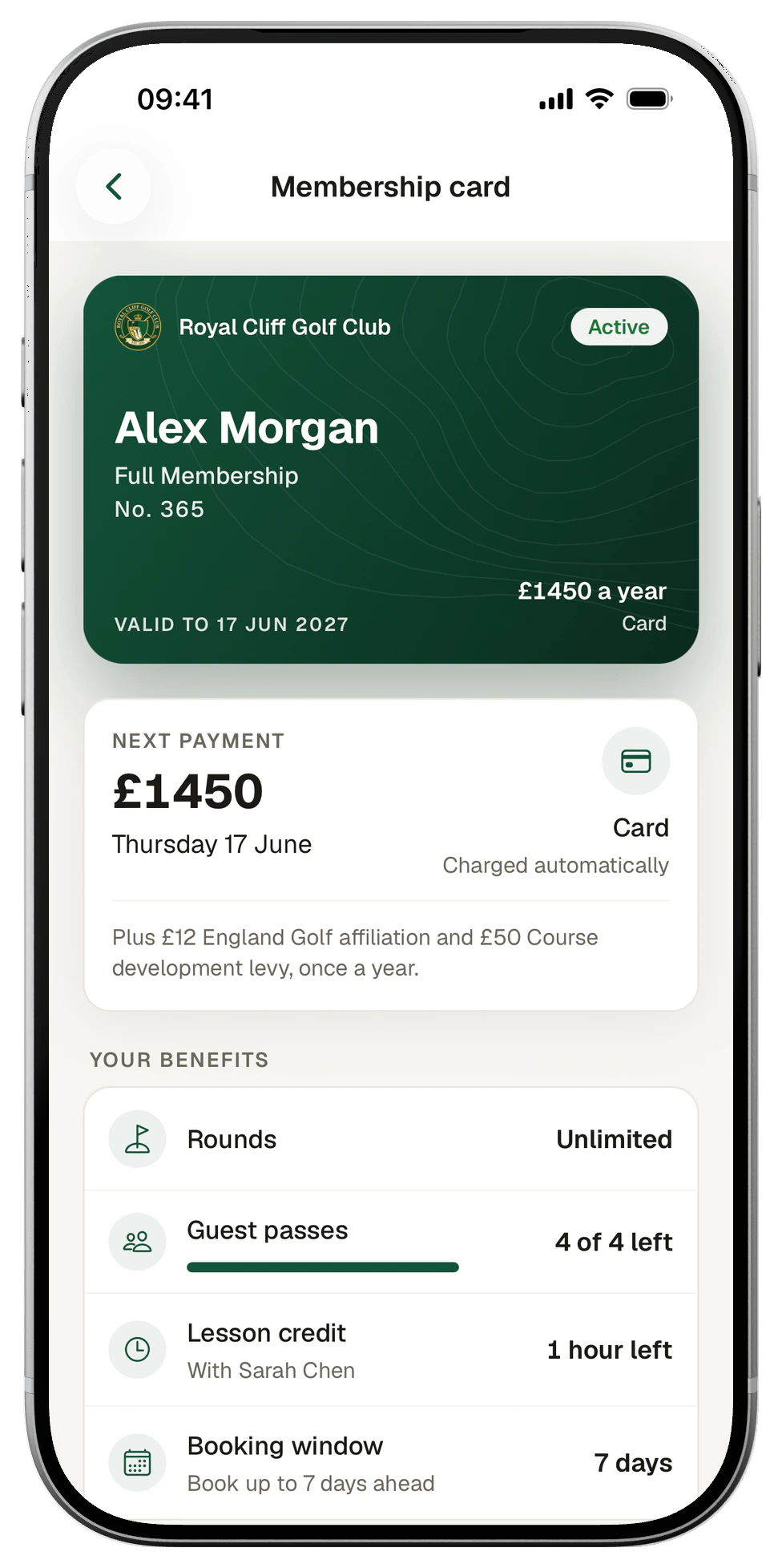 Club app membership card for Alex Morgan: Full Membership, £1,450 a year by card, valid to 17 June 2027, charged automatically