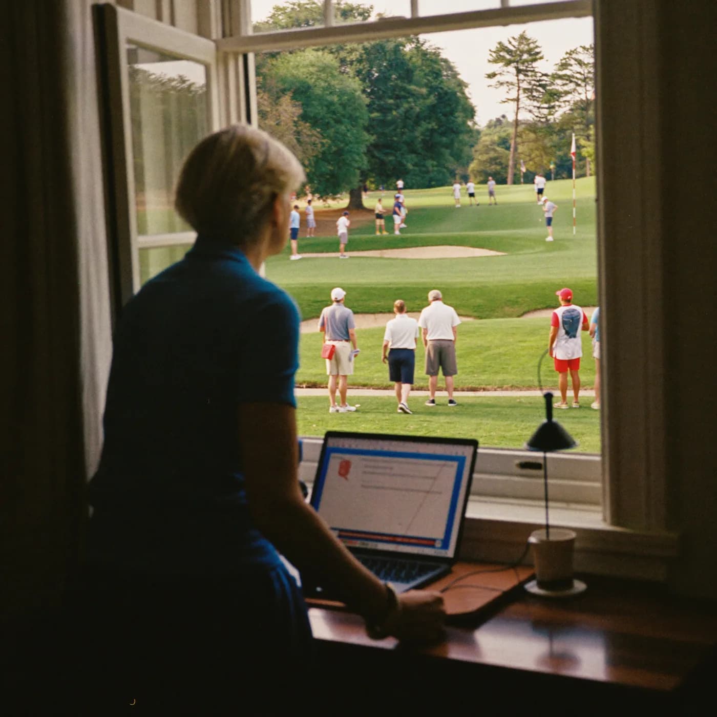 A club manager at her laptop by the clubhouse window, above a busy first tee