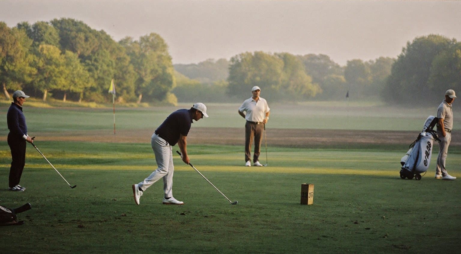 A four-ball on the first tee in the early morning, one golfer mid-swing