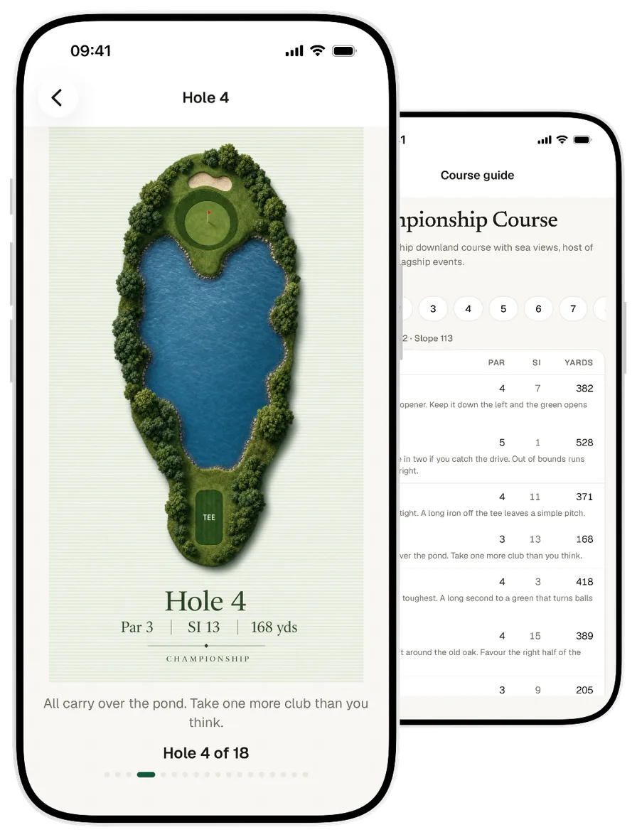 The app's course guide: a flyover view of hole 4 with the pro's advice, next to the full scorecard