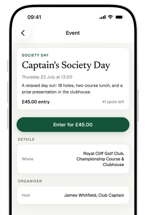 A society day in the app, with the details and paid entry on one screen