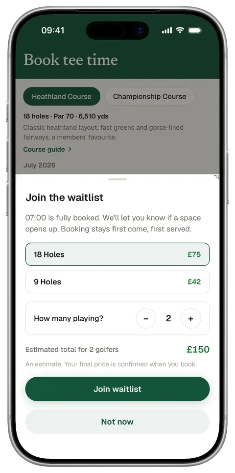 Joining the waitlist for a full tee time, with holes and group size chosen