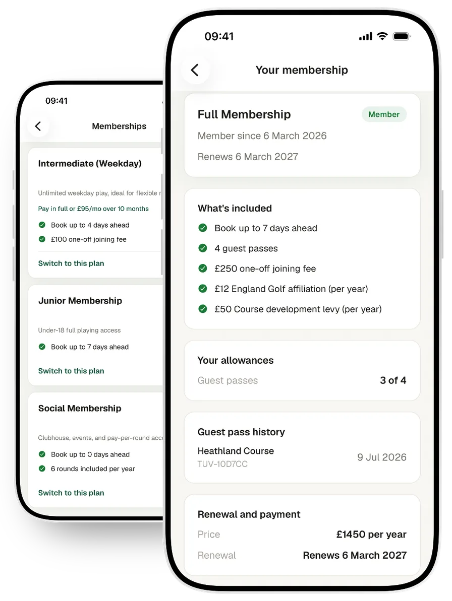 A member's plan in the app, showing what's included, next to other plans they can switch to