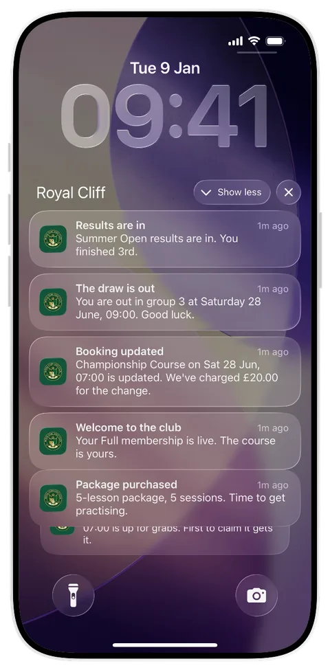 A lock screen full of the club's notifications: results in, the draw is out, a booking update, and a welcome to the club