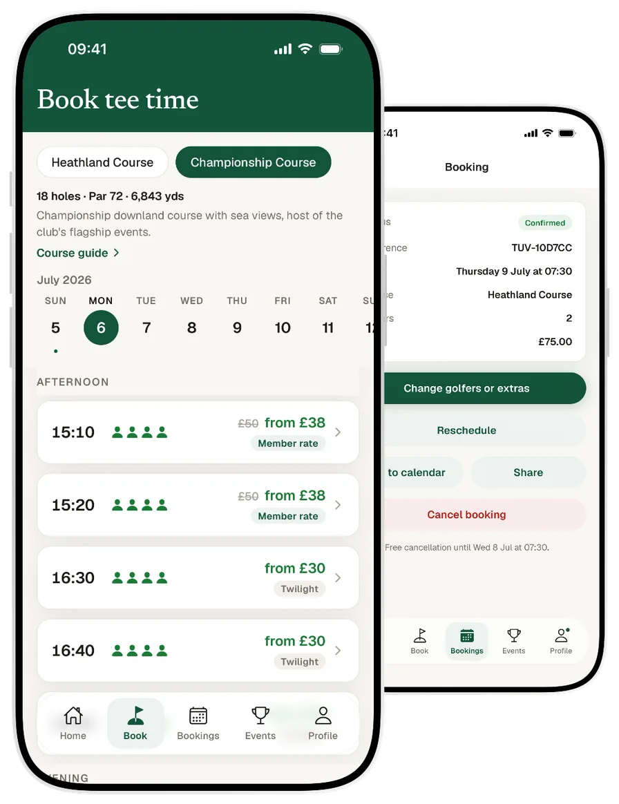 The tee sheet in the app with twilight rates, next to a booked tee time with extras